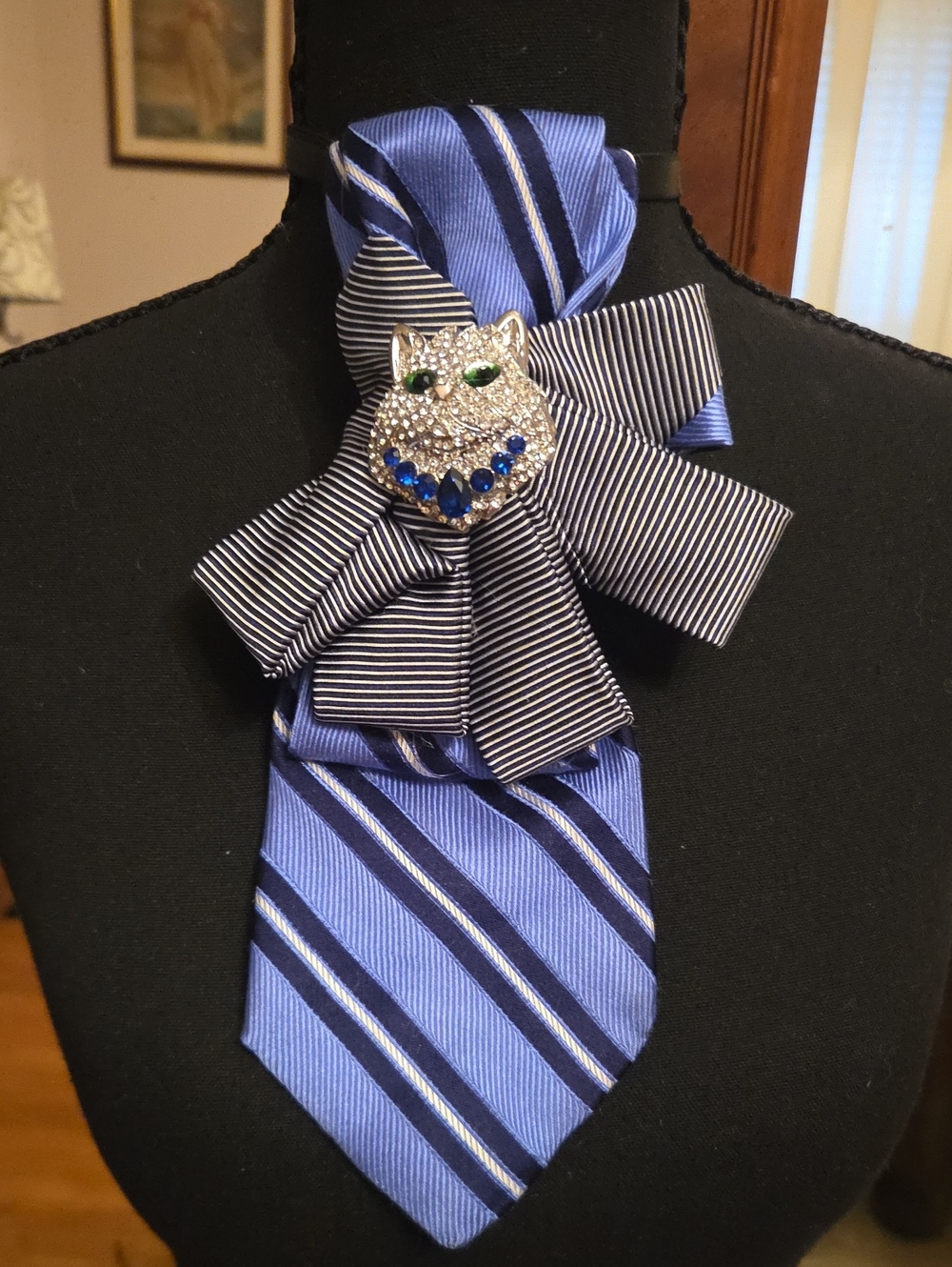 Blue Striped Men's Necktie with Cat Jewel Accent - Fashion Accessory